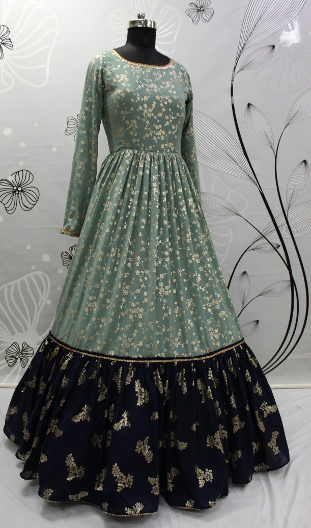 EXCLUSIVE GEORGETTE METALIC FOIL WORK ANARKALI GOWN PISTA COLOR